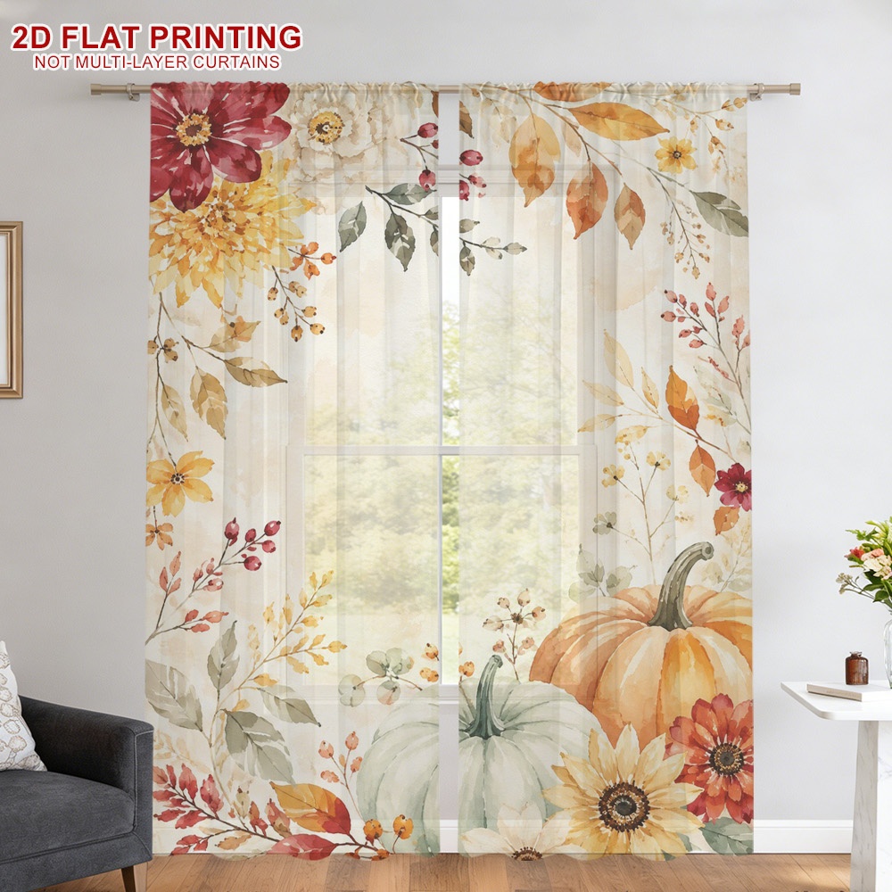 Curtain Rods - 2PCS Thanksgiving Fall Sheer Curtains, Floral